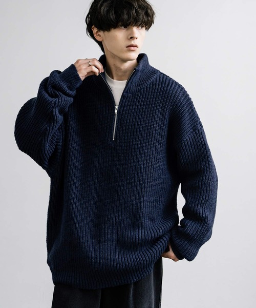 Rocky Monroe(ロッキーモンロー)の「オーバーサイズ畦編みハーフジップニットセーター(ニット/セーター・メンズ・オフホワイト/グリーン/ネイビー/ワイン/ブラウン/チャコール/ベージュ・XL/L/M)」の6枚目の写真