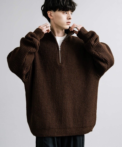 Rocky Monroe(ロッキーモンロー)の「オーバーサイズ畦編みハーフジップニットセーター(ニット/セーター・メンズ・オフホワイト/グリーン/ネイビー/ワイン/ブラウン/チャコール/ベージュ・XL/L/M)」の4枚目の写真
