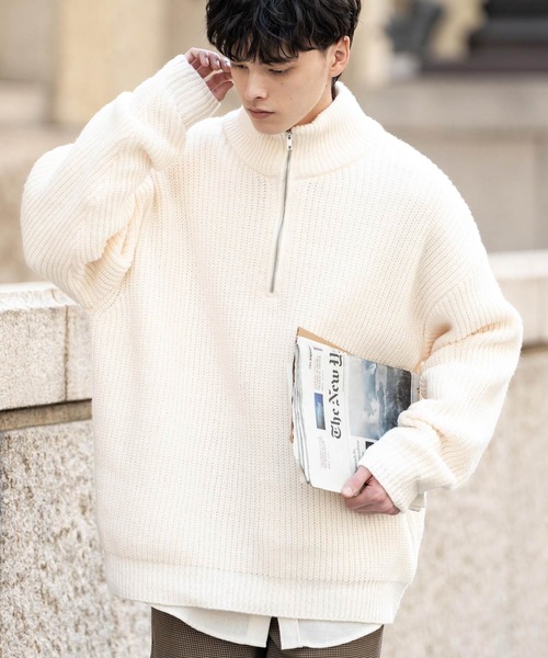 セール】オーバーサイズ畦編みハーフジップニットセーター