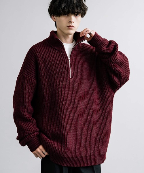 Rocky Monroe(ロッキーモンロー)の「オーバーサイズ畦編みハーフジップニットセーター(ニット/セーター・メンズ・オフホワイト/グリーン/ネイビー/ワイン/ブラウン/チャコール/ベージュ・XL/L/M)」の7枚目の写真