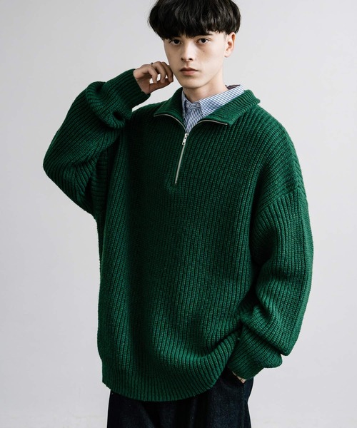 セール】オーバーサイズ畦編みハーフジップニットセーター
