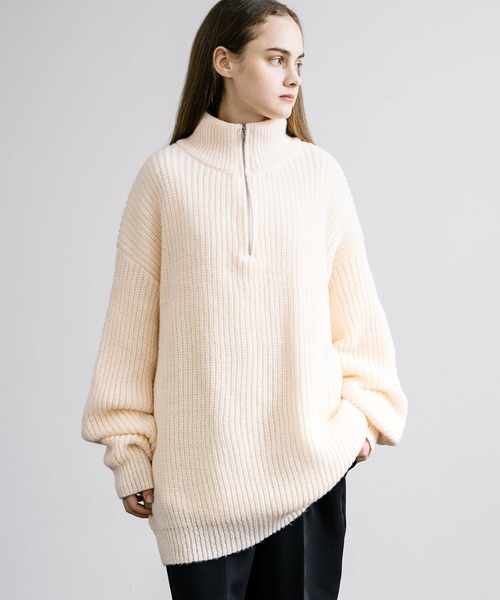 オーバーサイズ畦編みハーフジップニットセーター（ニット