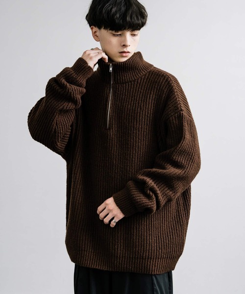 オーバーサイズ畦編みハーフジップニットセーター（ニット/セーター