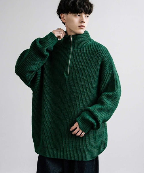 オーバーサイズ畦編みハーフジップニットセーター（ニット/セーター