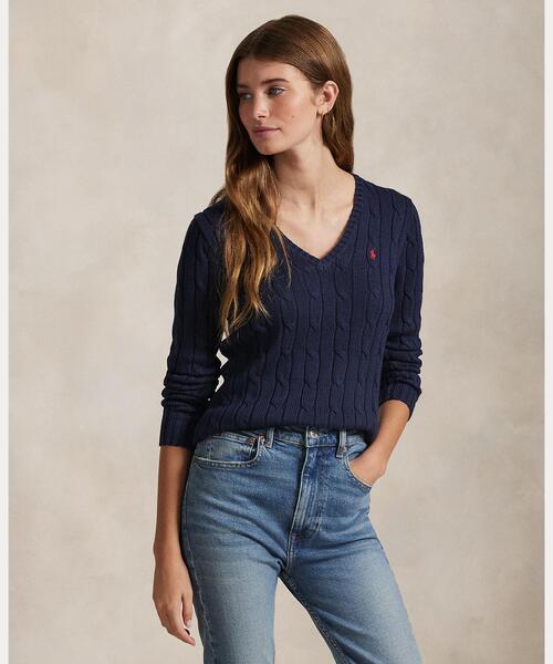 POLO RALPH LAUREN(ポロ ラルフ ローレン)の「ケーブルニット コットン Vネック セーター(ニット/セーター・レディース・ブルー・XL/S/M/L/XS)」の1枚目の写真