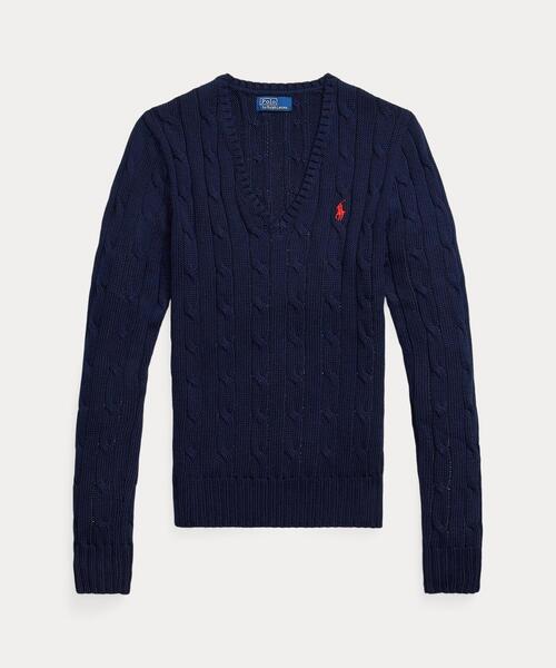 POLO RALPH LAUREN(ポロ ラルフ ローレン)の「ケーブルニット コットン Vネック セーター(ニット/セーター・レディース・ブルー・XL/S/M/L/XS)」の2枚目の写真