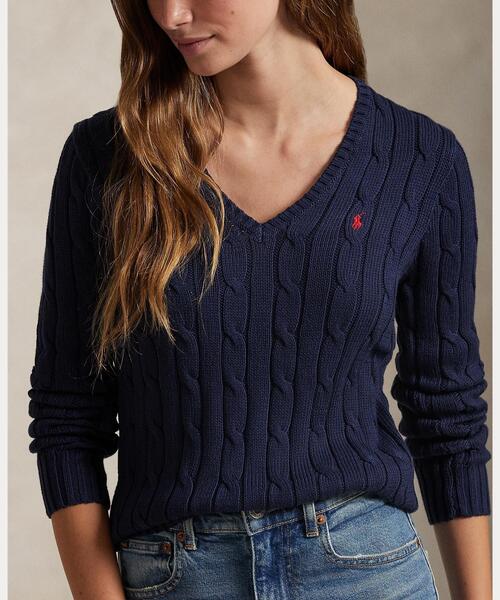 POLO RALPH LAUREN(ポロ ラルフ ローレン)の「ケーブルニット コットン Vネック セーター(ニット/セーター・レディース・ブルー・XL/S/M/L/XS)」の5枚目の写真