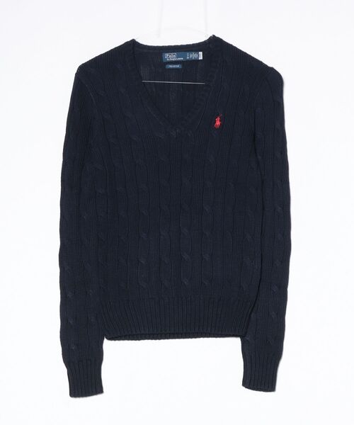 POLO RALPH LAUREN(ポロ ラルフ ローレン)の「ケーブルニット コットン Vネック セーター(ニット/セーター・レディース・ブルー・XL/S/M/L/XS)」の4枚目の写真