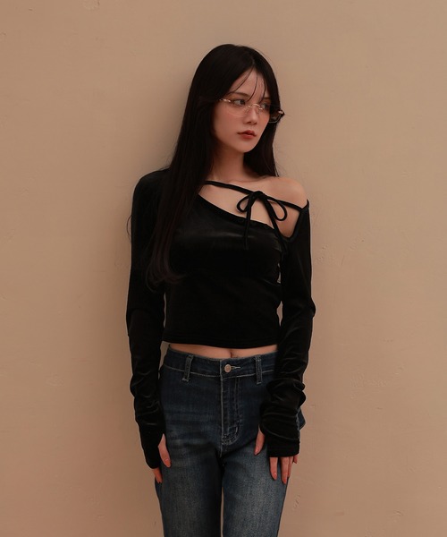 M DOLLY(エムドリー)の「*M DOLLY original* velor ribbon sogno tops/ベロアリボンソーニョトップス(Tシャツ/カットソー・レディース・ブラック/ベージュ・FREE)」の5枚目の写真