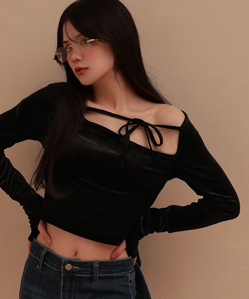 M DOLLY(エムドリー)の「*M DOLLY original* velor ribbon sogno tops/ベロアリボンソーニョトップス(Tシャツ/カットソー・レディース・ブラック/ベージュ・FREE)」の6枚目の写真