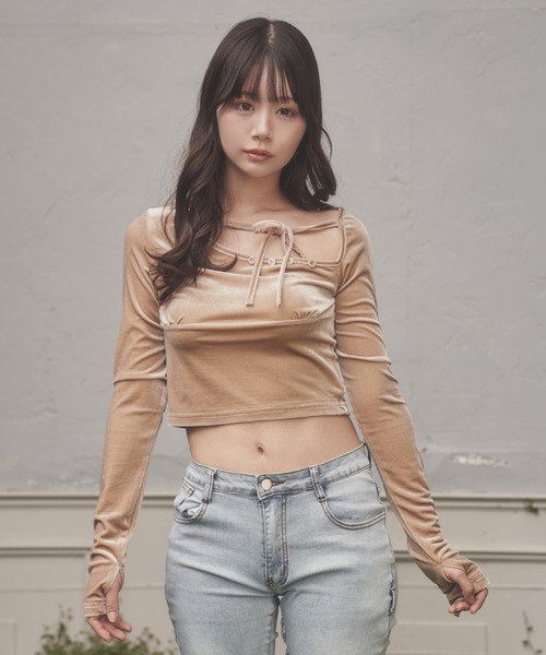 M DOLLY(エムドリー)の「*M DOLLY original* velor ribbon sogno tops/ベロアリボンソーニョトップス(Tシャツ/カットソー・レディース・ブラック/ベージュ・FREE)」の9枚目の写真