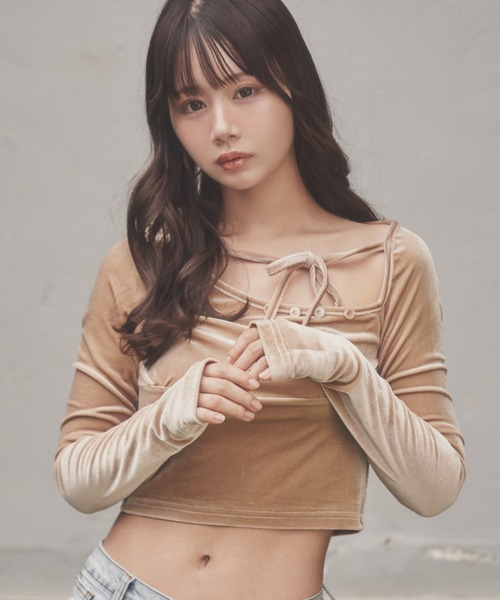 M DOLLY(エムドリー)の「*M DOLLY original* velor ribbon sogno tops/ベロアリボンソーニョトップス(Tシャツ/カットソー・レディース・ブラック/ベージュ・FREE)」の10枚目の写真