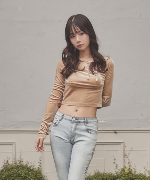 M DOLLY(エムドリー)の「*M DOLLY original* velor ribbon sogno tops/ベロアリボンソーニョトップス(Tシャツ/カットソー・レディース・ブラック/ベージュ・FREE)」の12枚目の写真