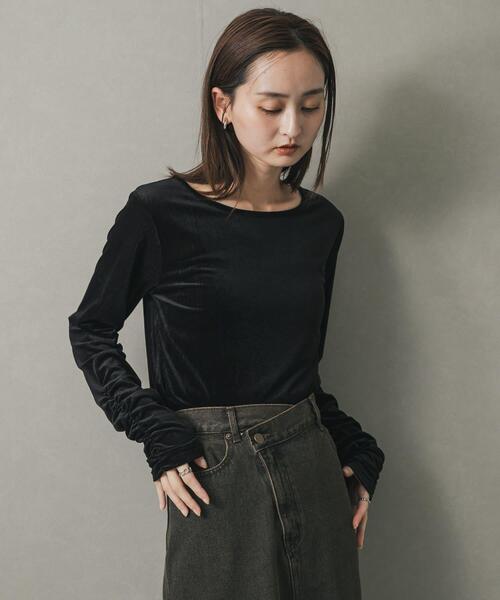 SENSE OF PLACE by URBAN RESEARCH（センスオブプレイスバイアーバンリサーチ）の「ギャザースリーブベロアTシャツ（Tシャツ/カットソー・レディース・ブラウン/ブラック/アイボリー・ONE）」の7枚目の写真