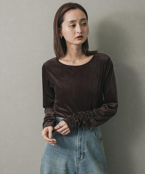 SENSE OF PLACE by URBAN RESEARCH（センスオブプレイスバイアーバンリサーチ）の「ギャザースリーブベロアTシャツ（Tシャツ/カットソー・レディース・ブラウン/ブラック/アイボリー・ONE）」の20枚目の写真