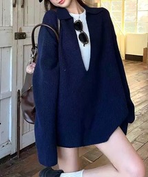 【セットアップ】ゆったりスキッパーニットトップス×ニットショートパンツ 2点SET