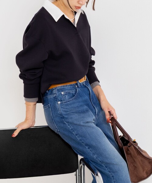 NOLLEY’S Sophi（ノーリーズソフィ）の「《セットアップ対応》ウォッシャブルポロ衿ダンボールカットソープルオーバー（Tシャツ/カットソー・レディース・ブラック/オフホワイト/チャコールグレー・38）」の2枚目の写真