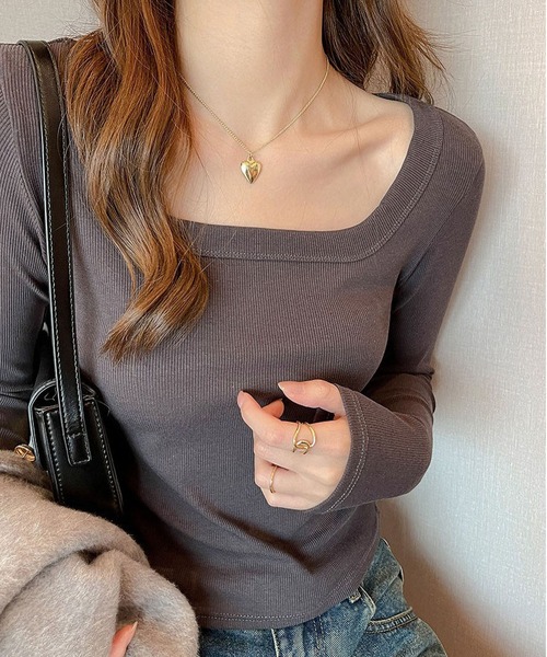 MAISON DE THERESE（メゾン ド テレーズ）の「スクエアネック リブTシャツ（Tシャツ/カットソー・レディース・ブラウン/ホワイト/ダークグレー/グレー/ブラック/アイボリー・M/S/XL/L）」の8枚目の写真