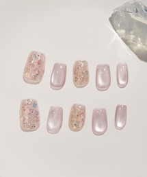 Anail(エーネイル)の水光ネイルピンクマグネットオーロラホログラムショートスクエアネイルチップ(ネイルシール/ネイルチップ)