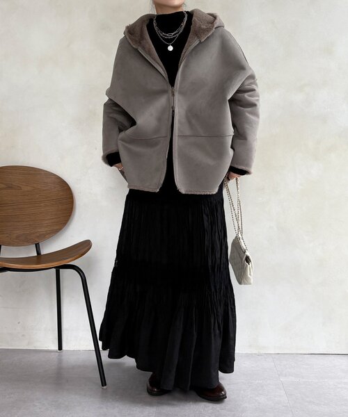 DouDou（ドゥドゥ）の「リバーシブルフェイクムートンコート（ムートンコート・レディース・ベビーピンク/ライトベージュ/グレー・FREE）」の6枚目の写真