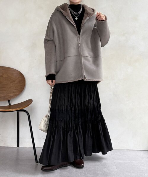 DouDou（ドゥドゥ）の「リバーシブルフェイクムートンコート（ムートンコート・レディース・ベビーピンク/ライトベージュ/グレー・FREE）」の7枚目の写真