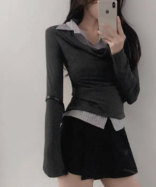 VIVID LADY(ビビッドレディー)の「シャツレイヤード風 ドレープロンT プルオーバー(Tシャツ/カットソー・レディース・チャコールグレー・FREE)」の5枚目の写真