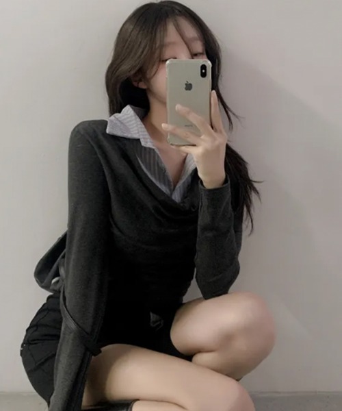 VIVID LADY(ビビッドレディー)の「シャツレイヤード風 ドレープロンT プルオーバー(Tシャツ/カットソー・レディース・チャコールグレー・FREE)」の7枚目の写真