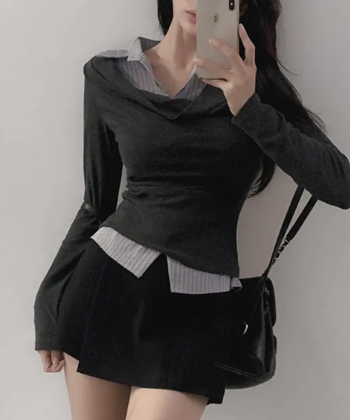 VIVID LADY(ビビッドレディー)の「シャツレイヤード風 ドレープロンT プルオーバー(Tシャツ/カットソー・レディース・チャコールグレー・FREE)」の9枚目の写真