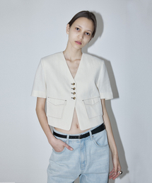 SINGLE STITCH DETAILED CROP JACKET - CREAM
