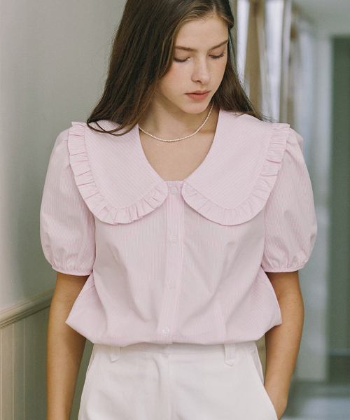NONLOCAL(ノンローカル)の「Ruffle Collar Stripe Blouse - Pink(シャツ/ブラウス・レディース・その他・FREE)」の1枚目の写真
