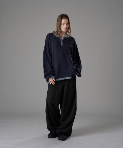 ONCILY(オンシェリー)の「COLOR ACCENT HENRY NECK KNIT / 配色ヘンリーネックニット(ニット/セーター・メンズ・ネイビー/グレー/アイボリー・SMALL/MEDIUM/LARGE)」の16枚目の写真