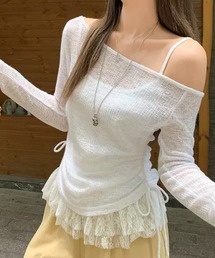 裾レース サイドギャザー シアー トップス