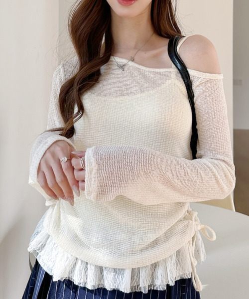 Ada.（エイダ）の「裾レース サイドギャザー シアー トップス（Tシャツ/カットソー・レディース・グレー/ブラック/アイボリー・FREE）」の17枚目の写真