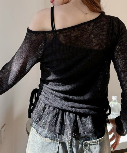 Ada.（エイダ）の「裾レース サイドギャザー シアー トップス（Tシャツ/カットソー・レディース・グレー/ブラック/アイボリー・FREE）」の12枚目の写真