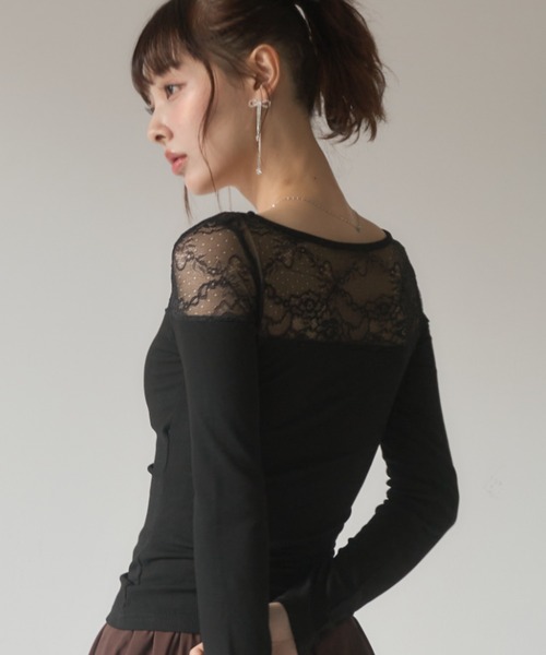 Nadana（ナダナ）の「カップ付きレース切替クロスストラップトップス（Tシャツ/カットソー・レディース・ブラック/アイボリー・FREE）」の7枚目の写真