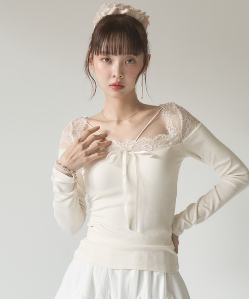 Nadana（ナダナ）の「カップ付きレース切替クロスストラップトップス（Tシャツ/カットソー・レディース・ブラック/アイボリー・FREE）」の13枚目の写真