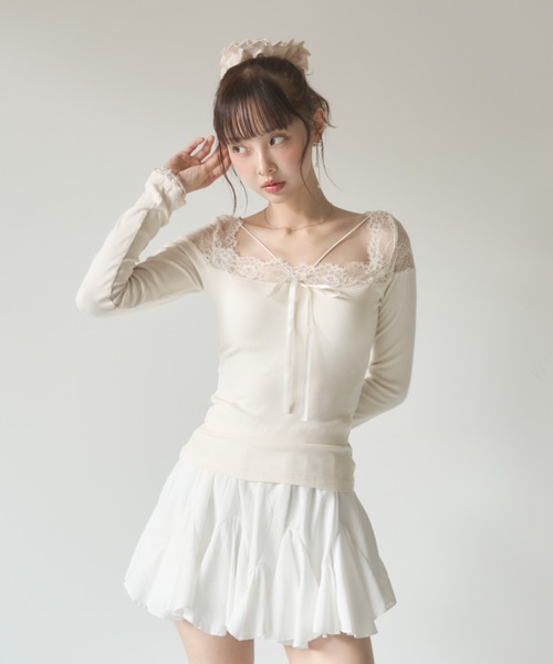 Nadana（ナダナ）の「カップ付きレース切替クロスストラップトップス（Tシャツ/カットソー・レディース・ブラック/アイボリー・FREE）」の16枚目の写真
