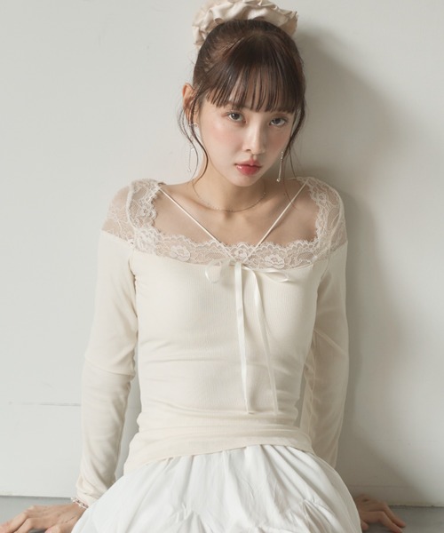 Nadana（ナダナ）の「カップ付きレース切替クロスストラップトップス（Tシャツ/カットソー・レディース・ブラック/アイボリー・FREE）」の17枚目の写真