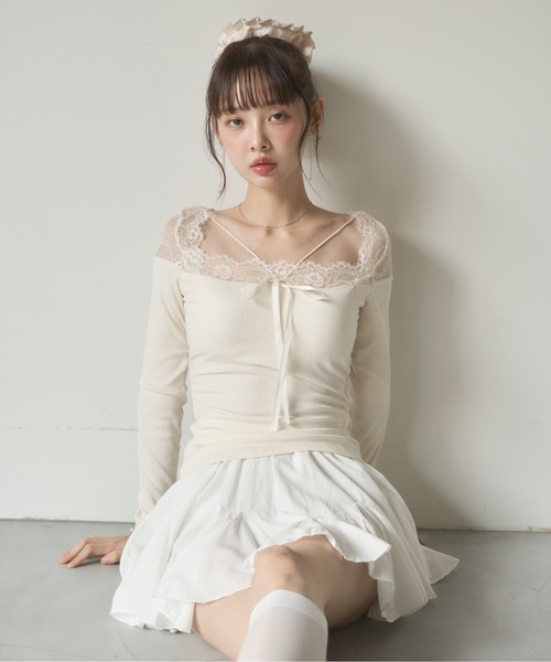 Nadana（ナダナ）の「カップ付きレース切替クロスストラップトップス（Tシャツ/カットソー・レディース・ブラック/アイボリー・FREE）」の15枚目の写真