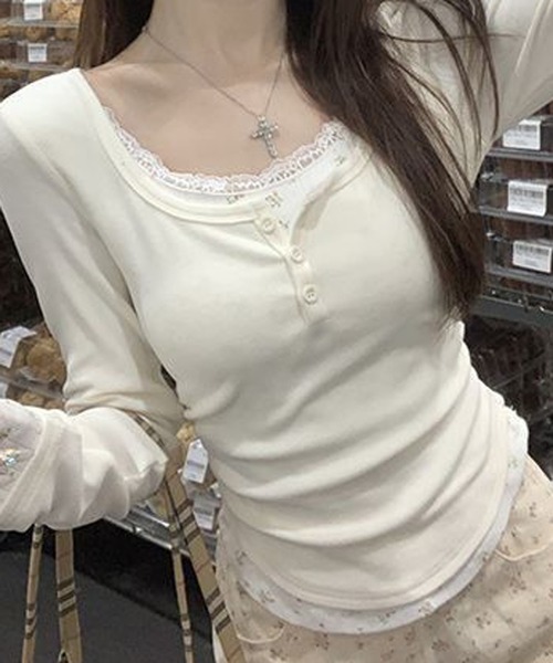 Nia(ニア)の「Nia(ニア)/レイヤード風レース長袖カットソー(Tシャツ/カットソー・レディース・ホワイト/ピンク・SMALL/MEDIUM)」の7枚目の写真