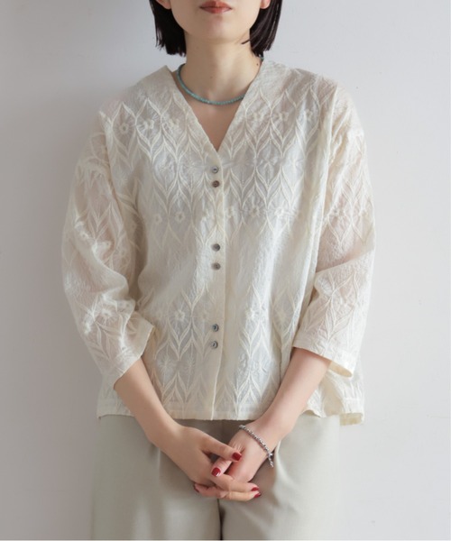 ボーダーフラワー刺繍 V開きブラウス | NOMBRE IMPAIR