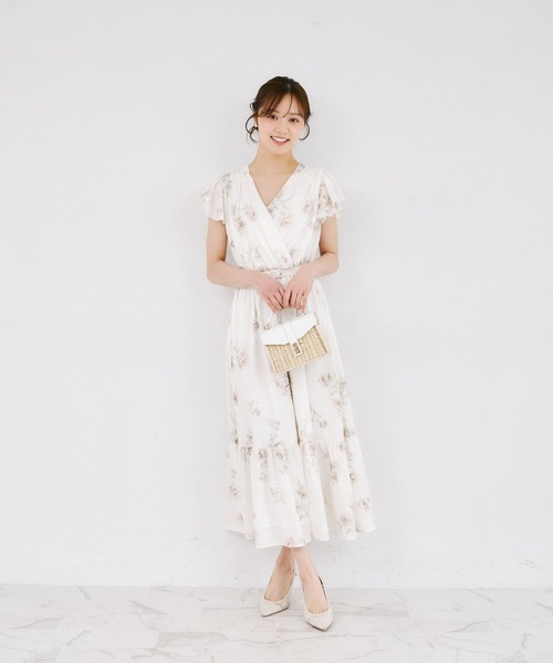 ベルト付きシアーチェック×フラワープリントカシュクールワンピース
