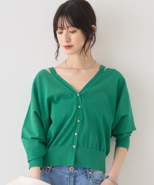 Rouge vif（ルージュヴィフ）の「ネックスリットVネックシアーカーディガン/ニット（カーディガン/ボレロ・レディース・グレー/オフホワイト/グリーン・フリー）」の3枚目の写真