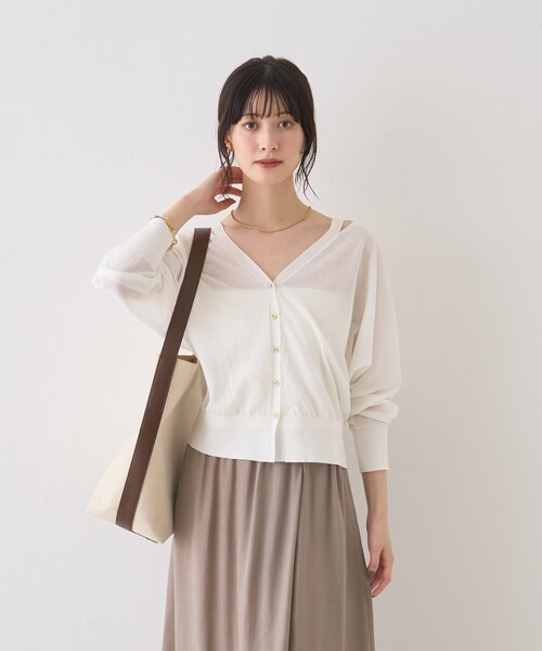 Rouge vif（ルージュヴィフ）の「ネックスリットVネックシアーカーディガン/ニット（カーディガン/ボレロ・レディース・グレー/オフホワイト/グリーン・フリー）」の4枚目の写真