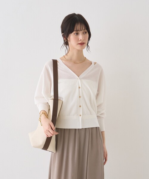 Rouge vif（ルージュヴィフ）の「ネックスリットVネックシアーカーディガン/ニット（カーディガン/ボレロ・レディース・グレー/オフホワイト/グリーン・フリー）」の5枚目の写真