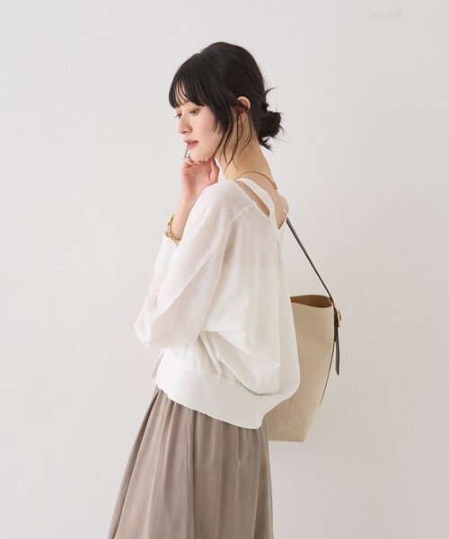 Rouge vif（ルージュヴィフ）の「ネックスリットVネックシアーカーディガン/ニット（カーディガン/ボレロ・レディース・グレー/オフホワイト/グリーン・フリー）」の7枚目の写真