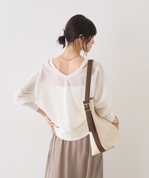 Rouge vif（ルージュヴィフ）の「ネックスリットVネックシアーカーディガン/ニット（カーディガン/ボレロ・レディース・グレー/オフホワイト/グリーン・フリー）」の8枚目の写真