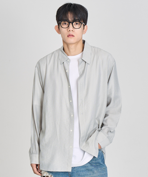 PRAIRIE(KR)(プレーリー)の「シルキー ストライプ シャツ (ライトグリーン)(シャツ/ブラウス・メンズ・ライトグリーン・LARGE/MEDIUM)」の4枚目の写真