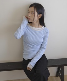 ベーシックルーズネックサイドシャーリングレイヤードストライプTシャツカットソー