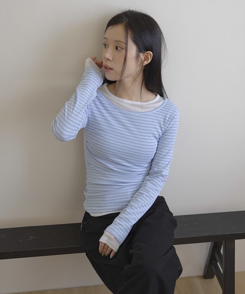 UNE MANSION(ユヌマンション)の「ベーシックルーズネックサイドシャーリングレイヤードストライプTシャツカットソー(Tシャツ/カットソー・レディース・ブラック/ベビーピンク/ブルー系その他・FREE)」の2枚目の写真